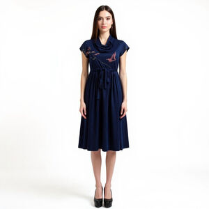 Tracy Vintage Floral Deep Blue Belted Dress